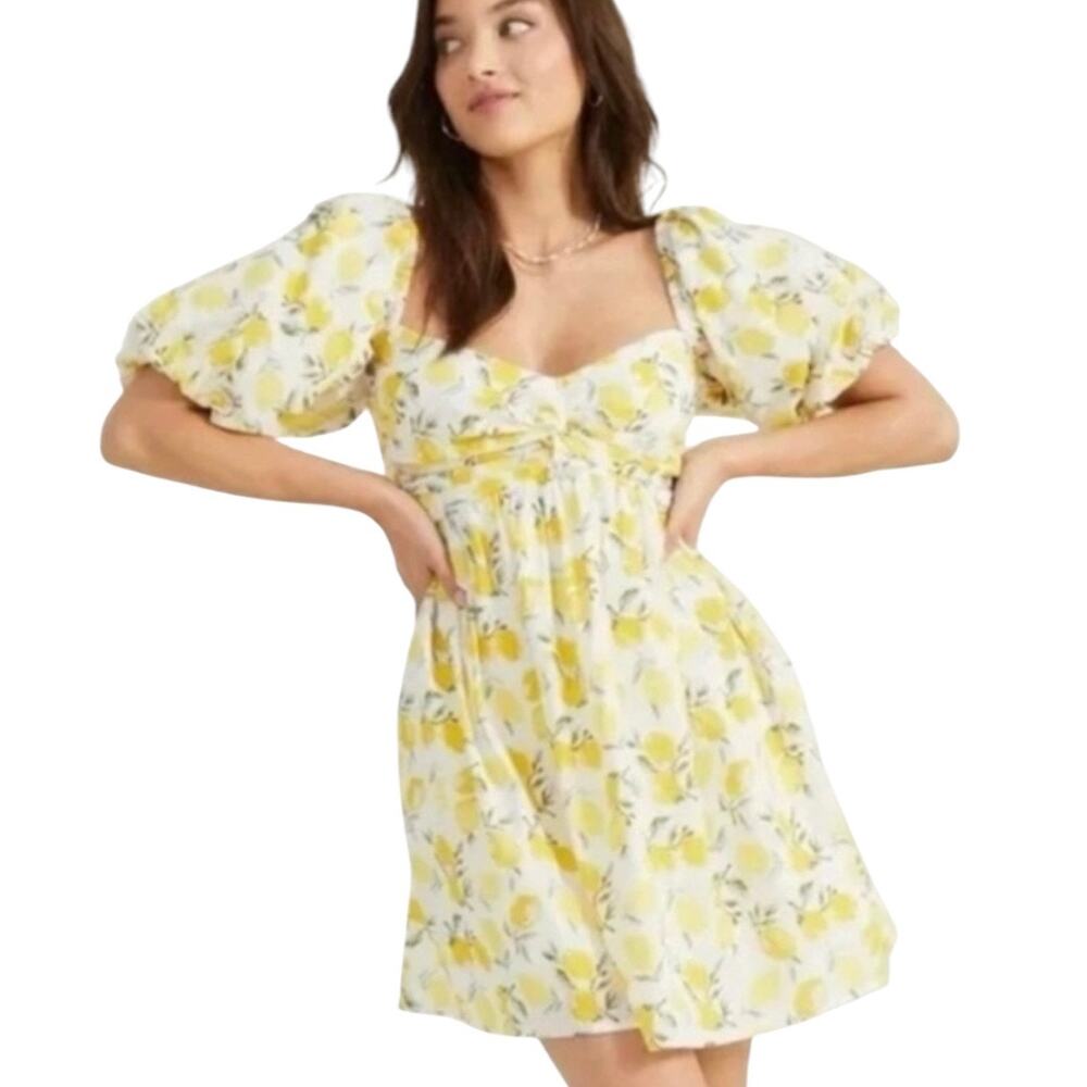 Trixxi Lemon Print Puff Sleeve Mini Dress yellow euro summer feminine size M